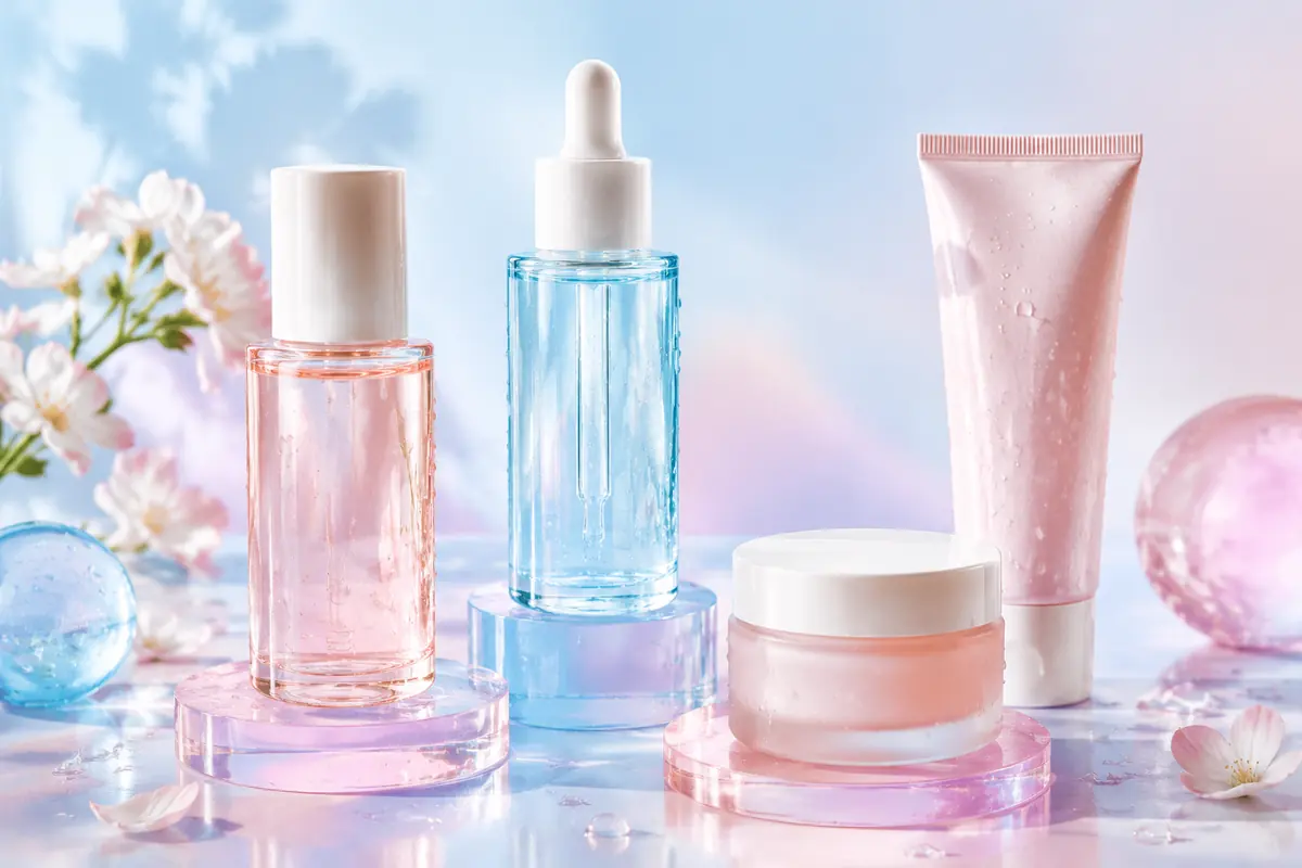 A pastel Korean-style skincare flat lay with glass bottles, water droplets and soft gradients