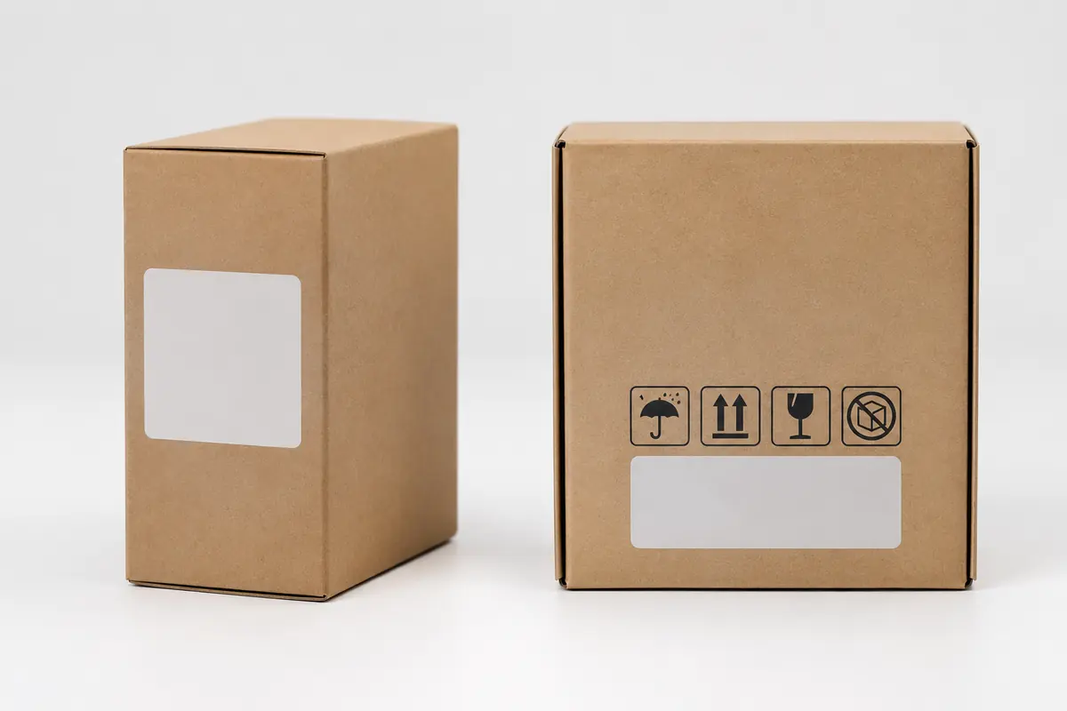 The side and back of a retail carton with a blank label area and wordless safety pictograms