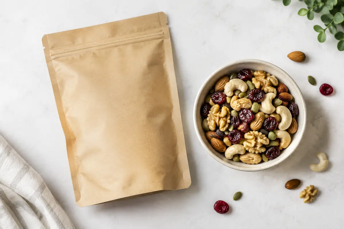 A snack pack beside its contents poured into a ceramic bowl, shot from above in natural light
