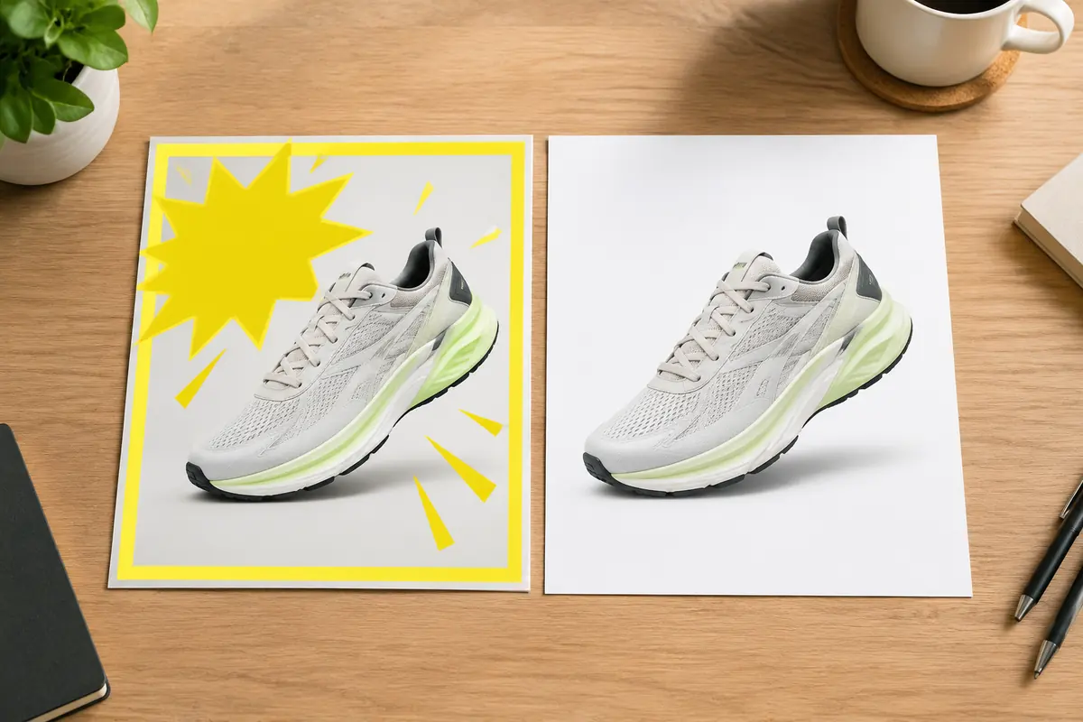 Two prints of the same running shoe: one with a coloured badge and border, the other clean on white