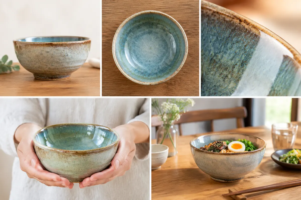 Five photos of a handmade ceramic bowl: front, top, glaze detail, held in hands and on a dining table with food