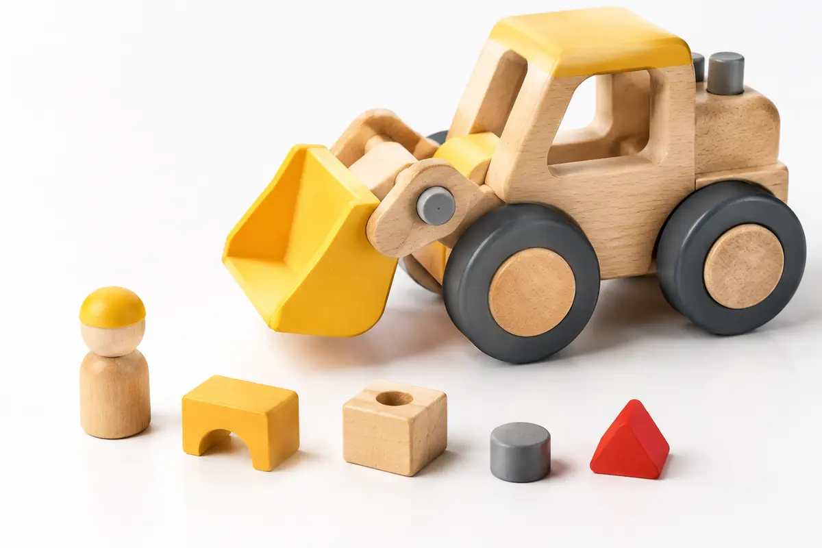 Small wooden toy parts beside a larger toy on white, showing the size contrast