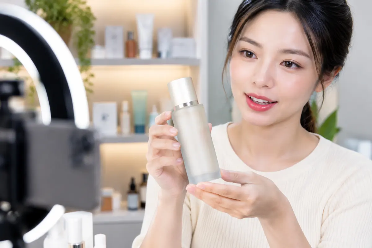 Close-up of a livestream host's hands holding a skincare bottle toward the camera under a ring light