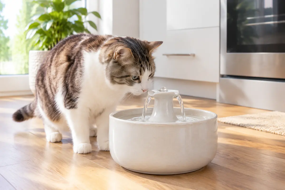 一只猫在厨房地板上嗅闻陶瓷饮水机，柔和的自然光