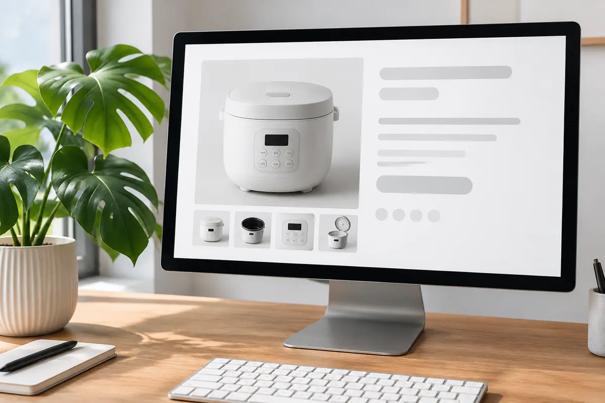 A designer’s monitor showing a rice cooker layout with blank text bars of different lengths