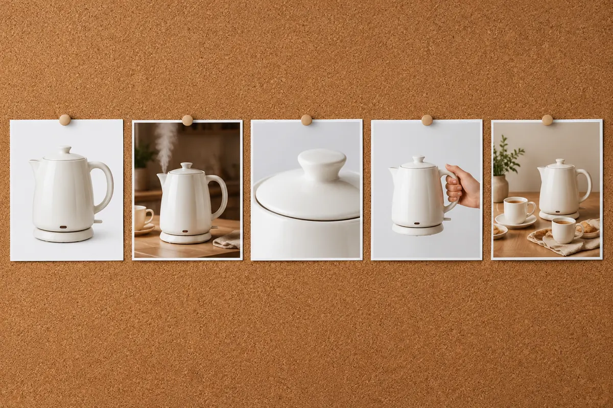 Five photos of an electric kettle pinned in a row: white-background front, in use, lid detail, held for scale, full set